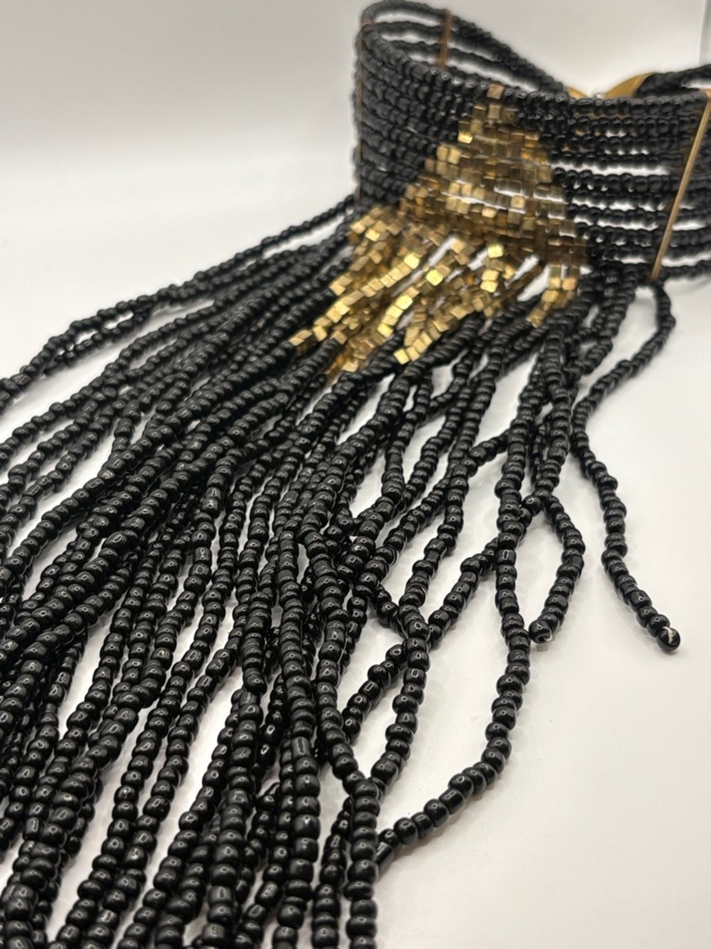 Black & Gold Beaded Fringe Collar Necklace Statement Piece 14-17” - Picture 3 of 8